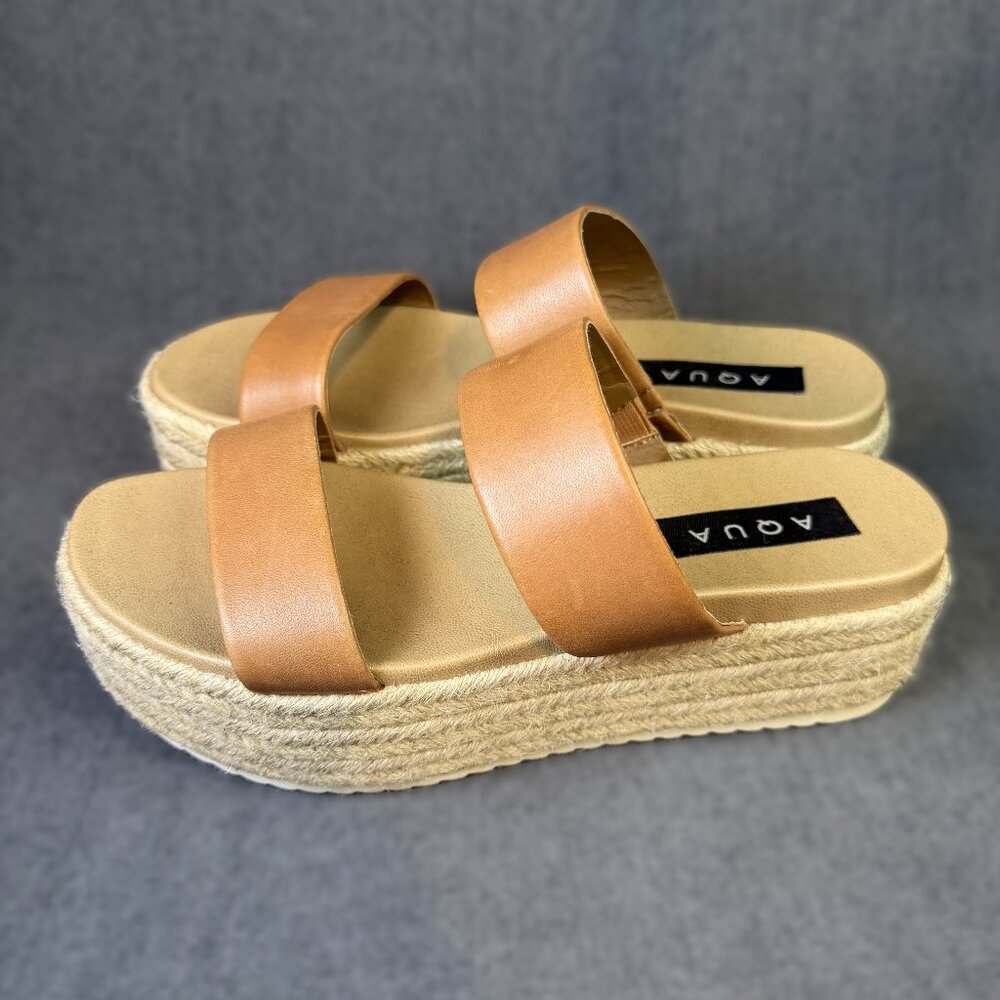 AQUA Women's Ayden Platform Espadrille Slide Sandals Cognac Leather Women Size 8